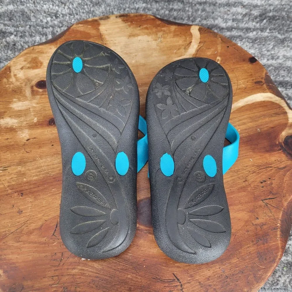 Okabashi Sandals Womens‎ Small Black Aqua Blue Thongs USA Comfort Relax Casual